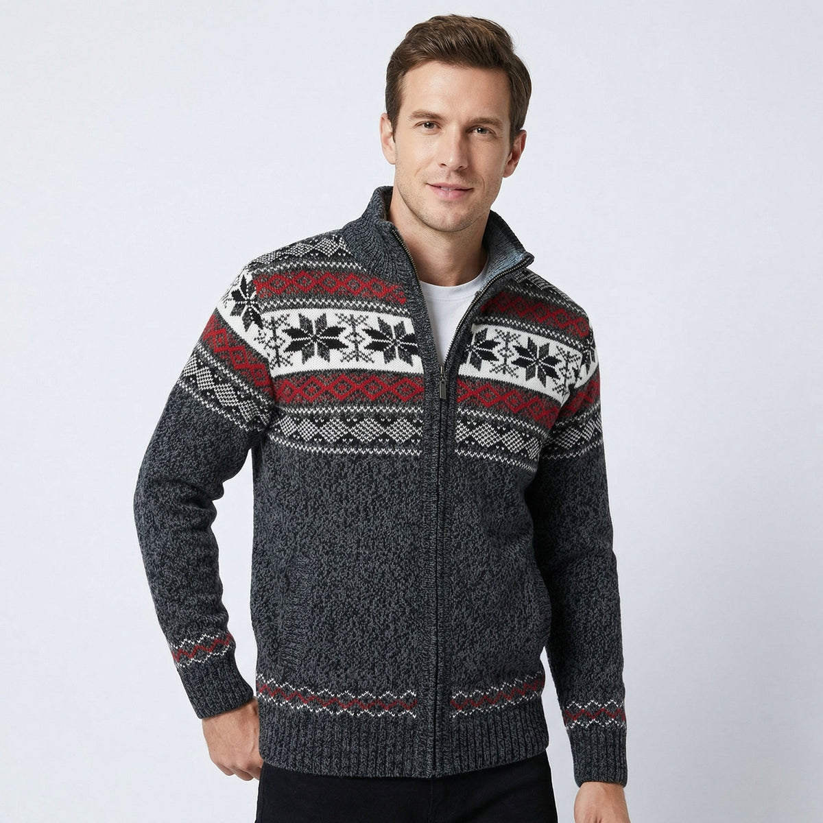 Gebreide Herenvest met Hoge Kraag en Rits Winterpatroon Scandinavisch Design Warme Cardigan Herfst Winter | Sulvida