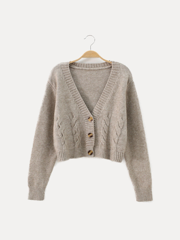 Gebreide Cardigan Vest Dames Kort met Hoornknoppen V-Hals Ribbel Afwerking Casual Everyday Loungewear | Sulvida