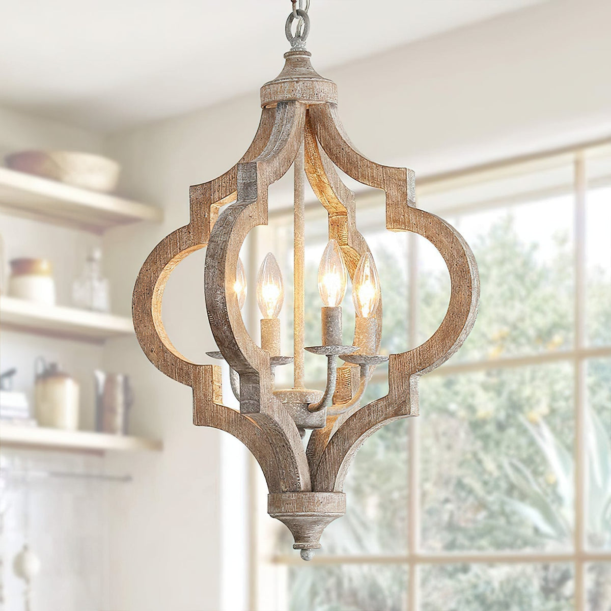 Houten kroonluchter 4 lichts rustiek gerecycled hout hanglamp vintage industrieel woonkamer eetkamer | Sulvida