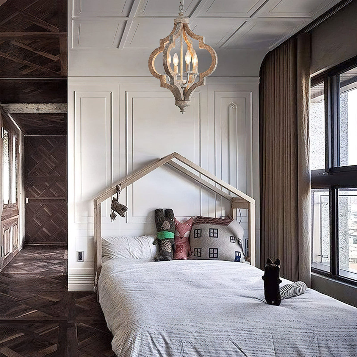 Houten kroonluchter 4 lichts rustiek gerecycled hout hanglamp vintage industrieel woonkamer eetkamer | Sulvida