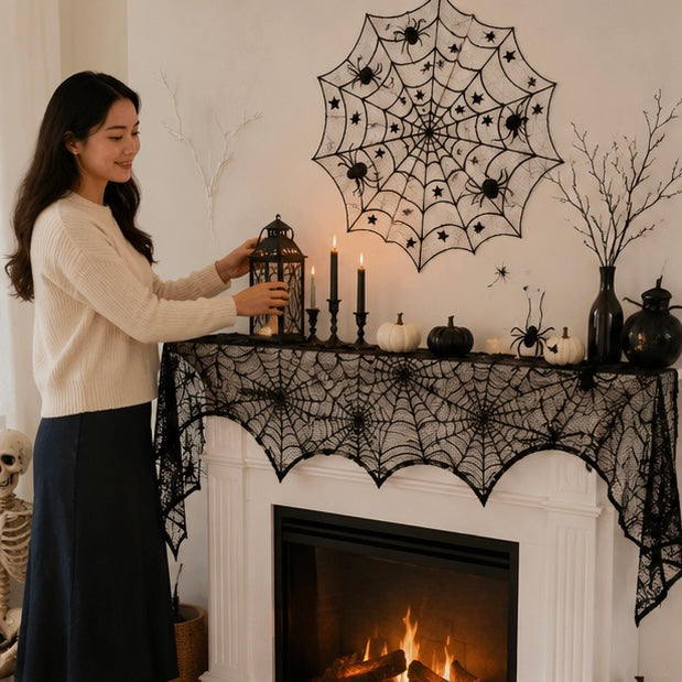 Gothic Spinnenweb Tafelkleed Zwart Kant 45x185cm - Halloween Schoorsteenmantel Tafelloper Decoratie Feest | Sulvida
