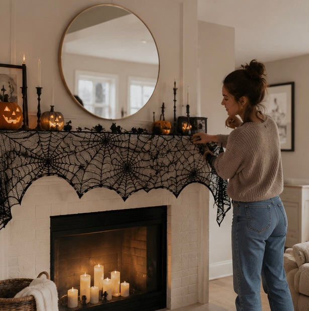 Gothic Spinnenweb Tafelkleed Zwart Kant 45x185cm - Halloween Schoorsteenmantel Tafelloper Decoratie Feest | Sulvida