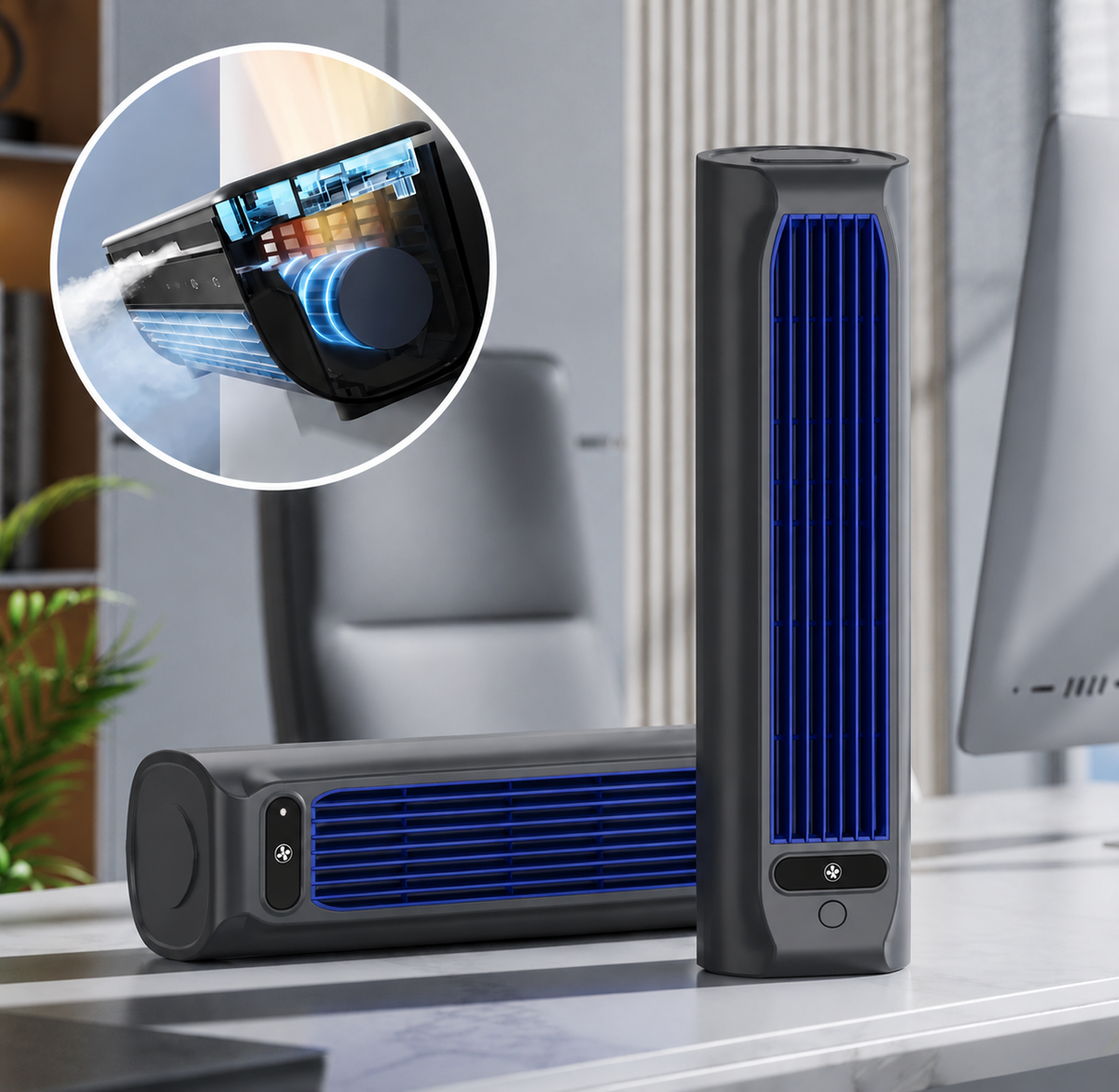 Draagbare oplaadbare luchtkoeler ventilator grijs beige USB koeling bureau kantoor thuis mobiel compacte airco | Sulvida