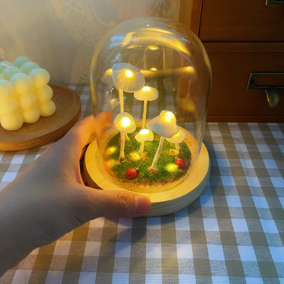 DIY Paddenstoellamp Glas Hout Batterij Tafellamp Warm Wit LED Nachtlampje Creatief Decoratief Woonkamer | Sulvida