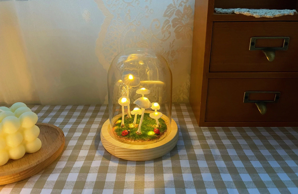 DIY Paddenstoellamp Glas Hout Batterij Tafellamp Warm Wit LED Nachtlampje Creatief Decoratief Woonkamer | Sulvida