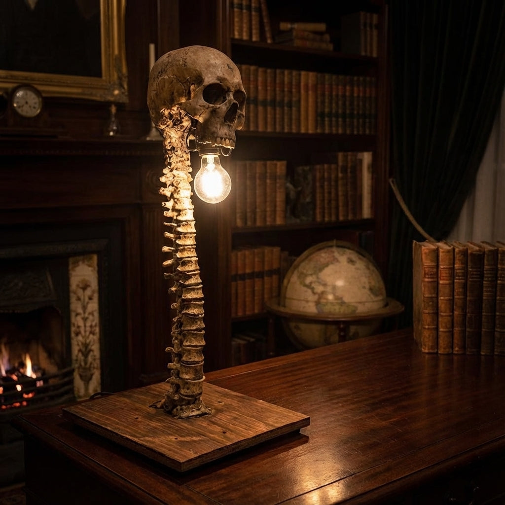 Schedellamp met LED-verlichte ogen en skeletvoet voor gotische interieurs halloween decoratie tafelverlichting | Sulvida