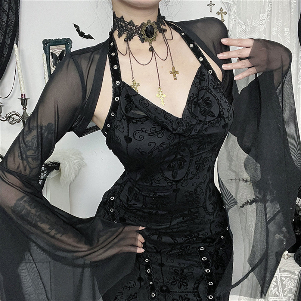 Mesh Crop Top Zwart met Vleermouwen – Gothic Stijl voor Dames Feestkleding Casual Streetwear Party Outfit | Sulvida