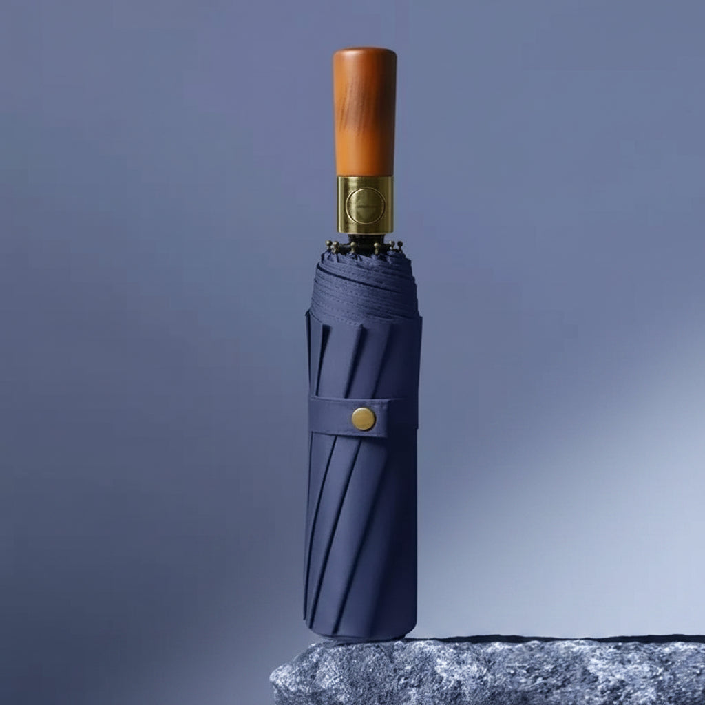Parapluie pliable automatique avec poignée en bois, résistant au vent et à l’eau, compact, parapluie de pluie pliant | Sulvida