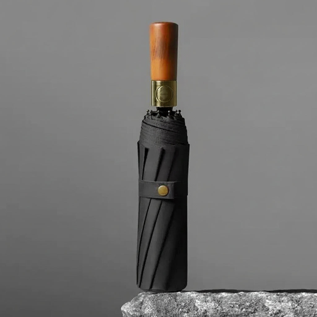 Parapluie pliable automatique avec poignée en bois, résistant au vent et à l’eau, compact, parapluie de pluie pliant | Sulvida