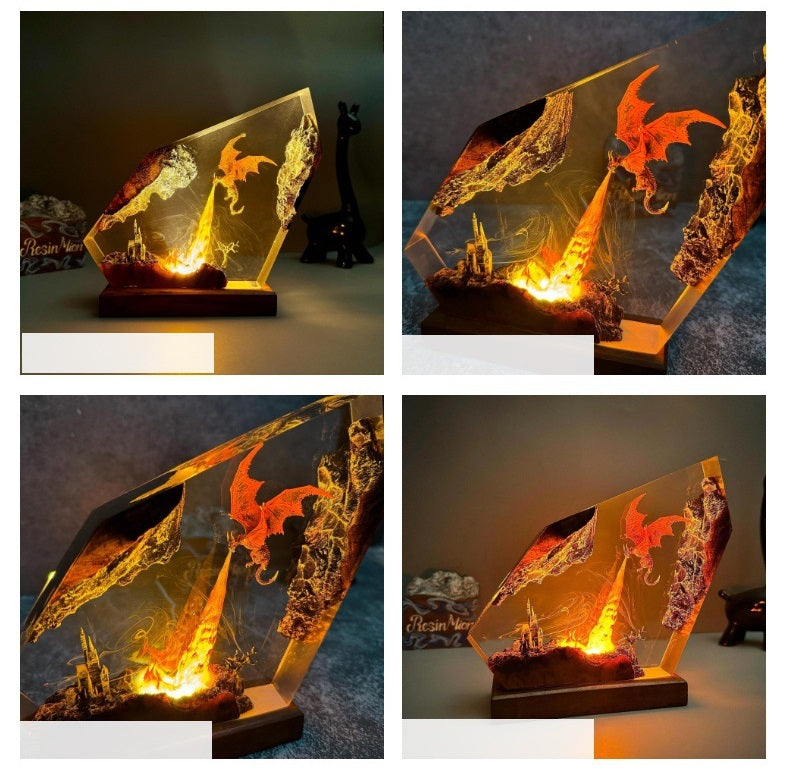 Draak Tafellamp met Vuureffect – Handgemaakte Hars Fantasy Verlichting Decoratief Sfeerlicht 14-21cm | Sulvida