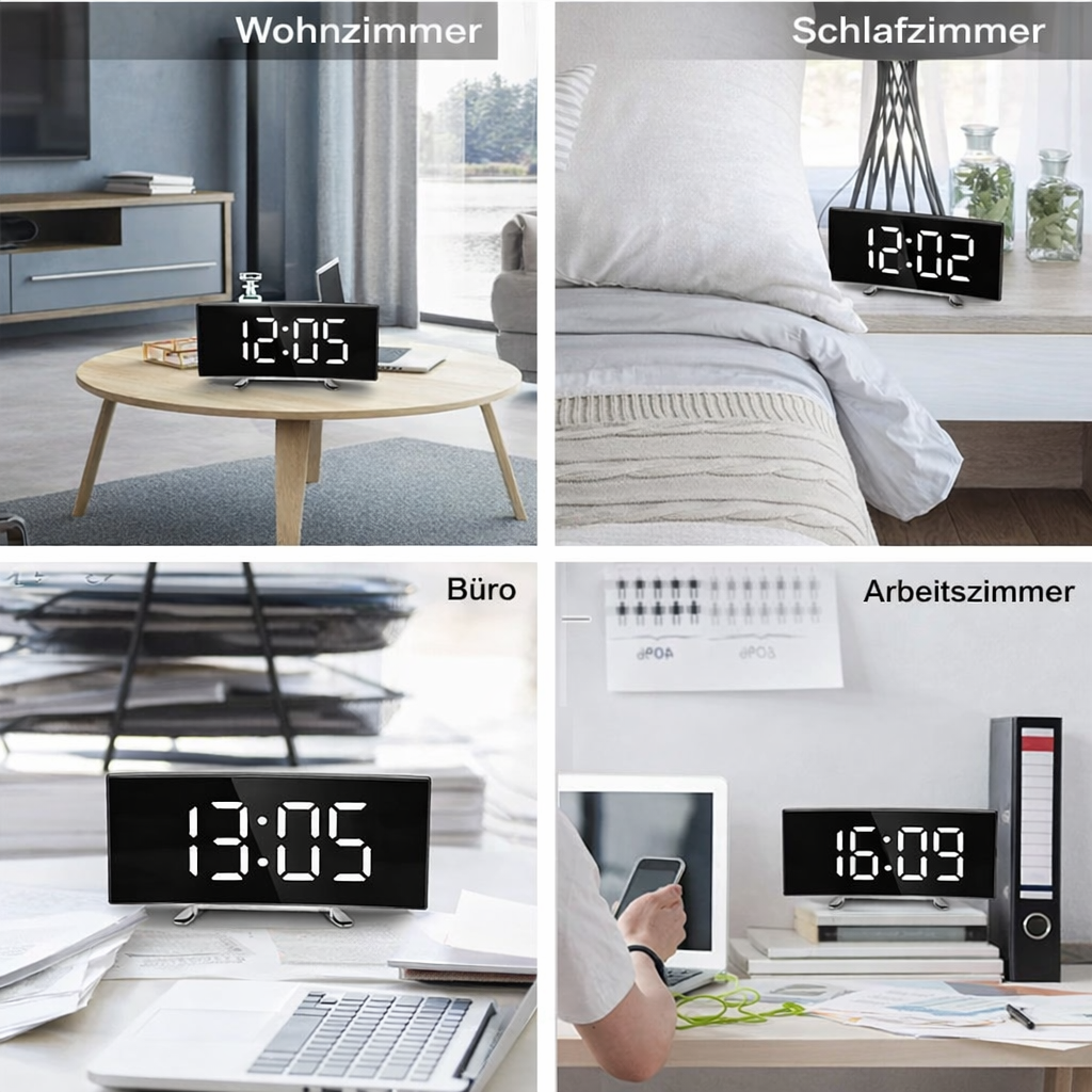 LED Spiegelwekker met Automatische Dimfunctie | Gebogen Display voor Optimale Aflezing | Dag- en Nachtmodus | Moderne Bureauklok met Groot Digitaal Scherm | Sulvida
