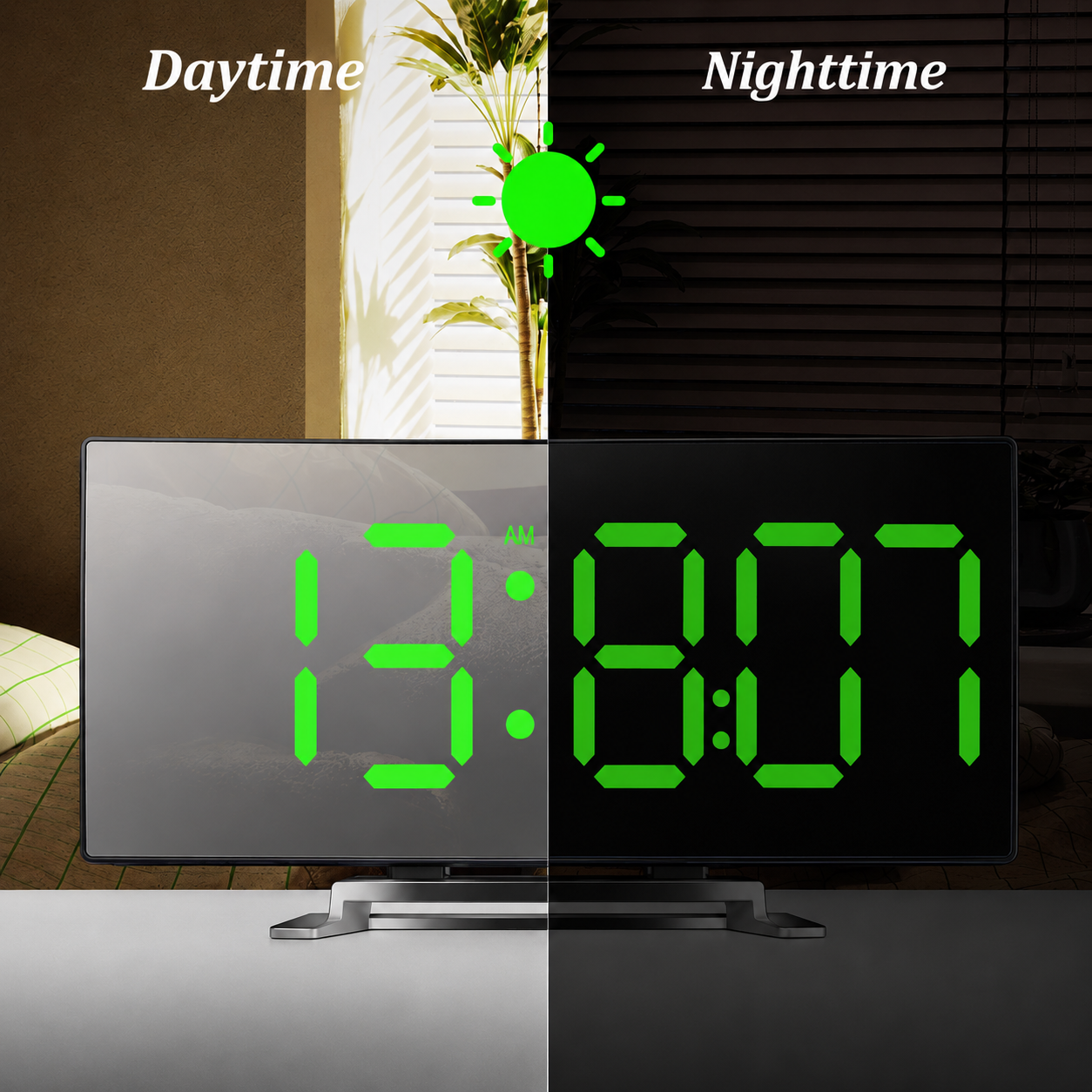 LED Spiegelwekker met Automatische Dimfunctie | Gebogen Display voor Optimale Aflezing | Dag- en Nachtmodus | Moderne Bureauklok met Groot Digitaal Scherm | Sulvida