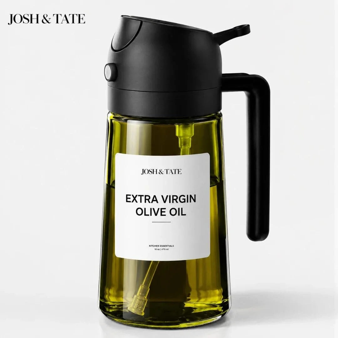 2-in-1-Ölspender mit Knopf zum Ausgießen oder Sprühen, auslaufsichere Küchenflasche zum Kochen, Backen und für Salat, 470ml Olivenöl | Sulvida