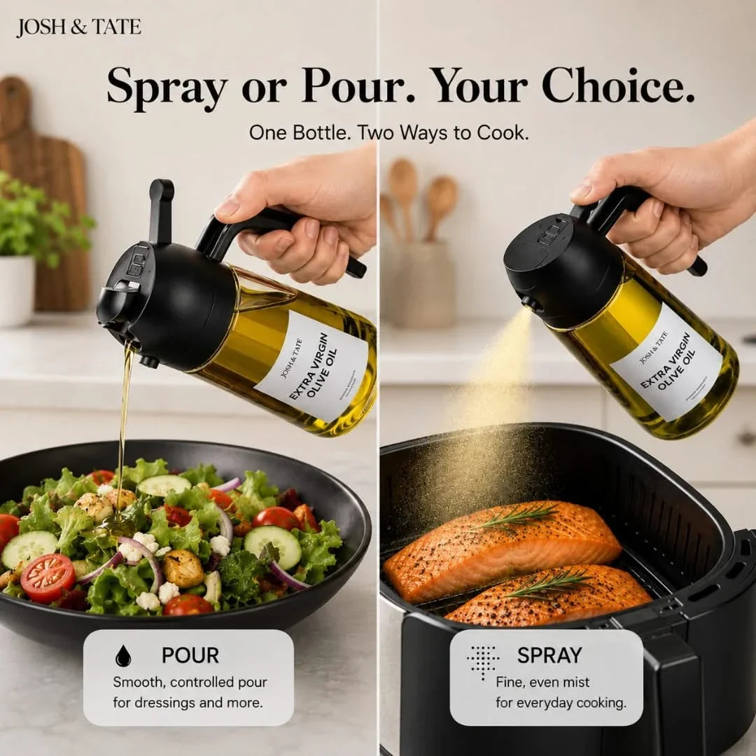 2-in-1-Ölspender mit Knopf zum Ausgießen oder Sprühen, auslaufsichere Küchenflasche zum Kochen, Backen und für Salat, 470ml Olivenöl | Sulvida