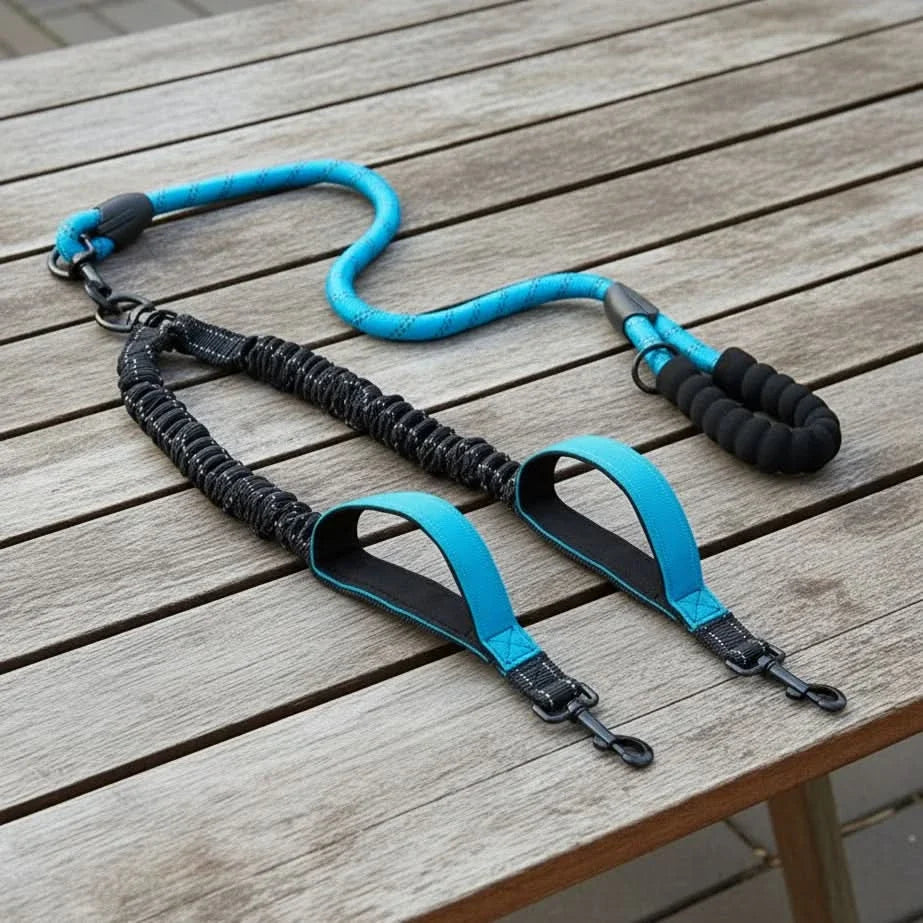 Laisse pour 2 chiens avec raccord pivotant à 360°, amortisseur de chocs, réfléchissante, pour les promenades et le dressage | Sulvida