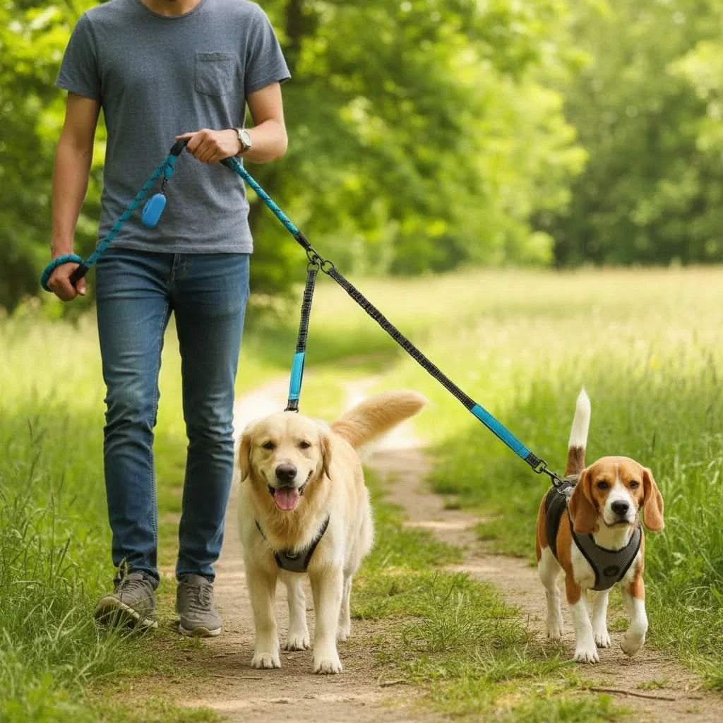 Laisse pour 2 chiens avec raccord pivotant à 360°, amortisseur de chocs, réfléchissante, pour les promenades et le dressage | Sulvida