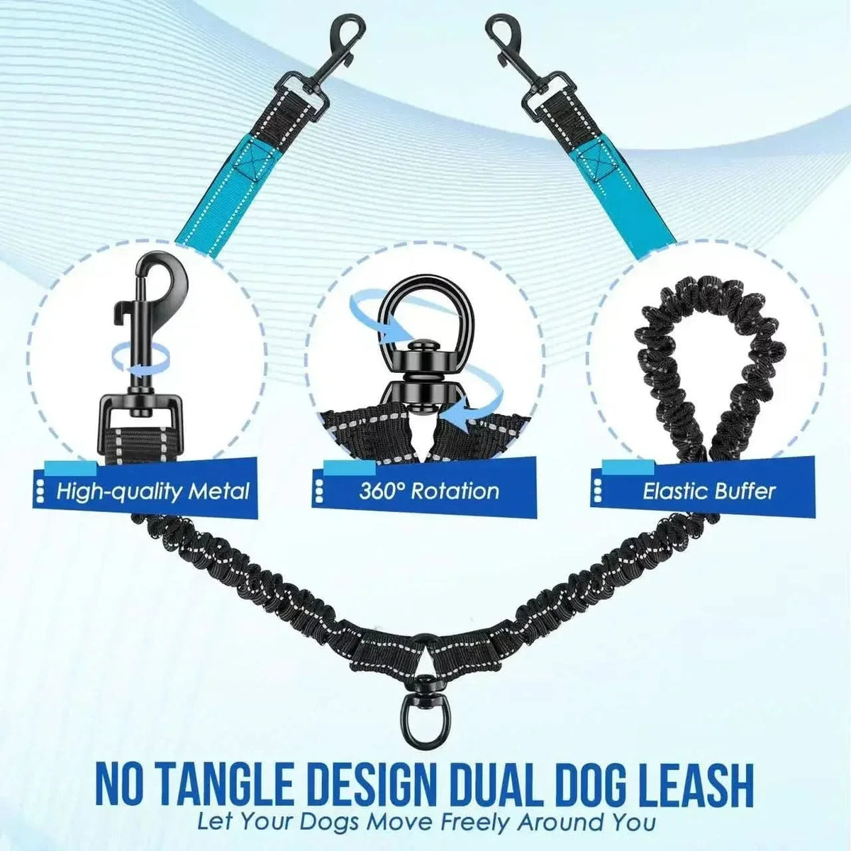 Laisse pour 2 chiens avec raccord pivotant à 360°, amortisseur de chocs, réfléchissante, pour les promenades et le dressage | Sulvida