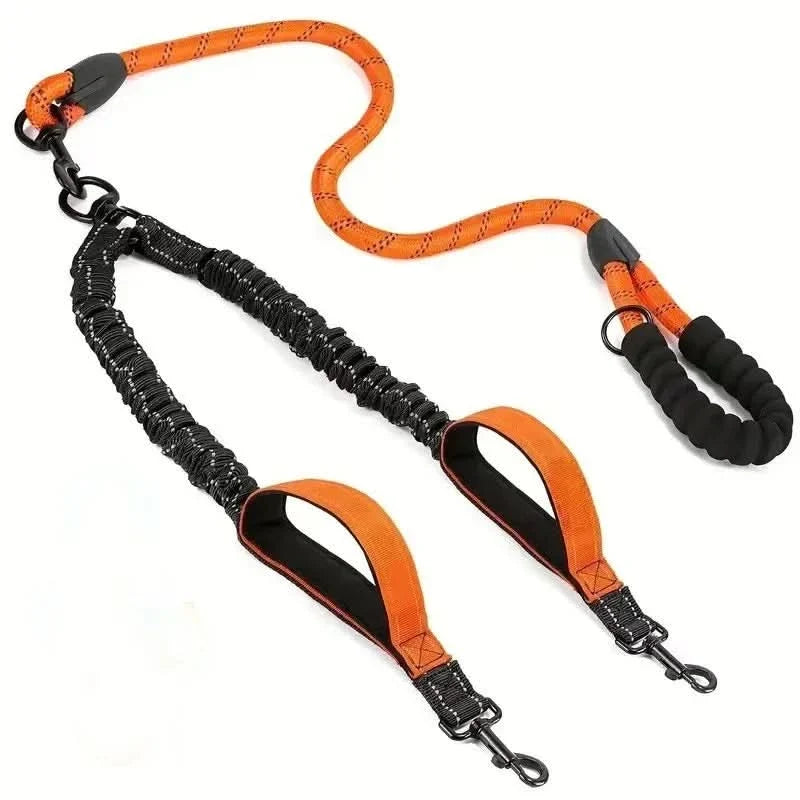 Laisse pour 2 chiens avec raccord pivotant à 360°, amortisseur de chocs, réfléchissante, pour les promenades et le dressage | Sulvida