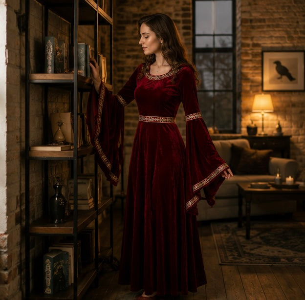 Gotische Fluwelen Vampierjurk met Capuchon Wijd Uitlopende Mouwen Middeleeuws Fantasy Kostuum Verkleedkleding | Sulvida