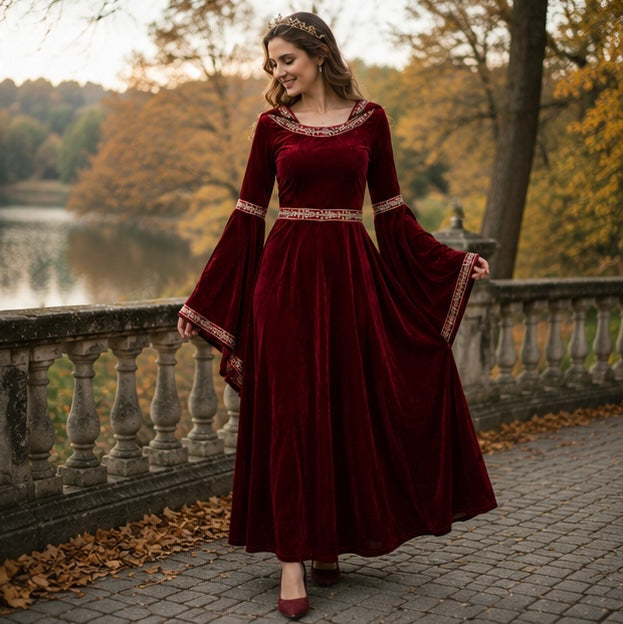 Gotische Fluwelen Vampierjurk met Capuchon Wijd Uitlopende Mouwen Middeleeuws Fantasy Kostuum Verkleedkleding | Sulvida