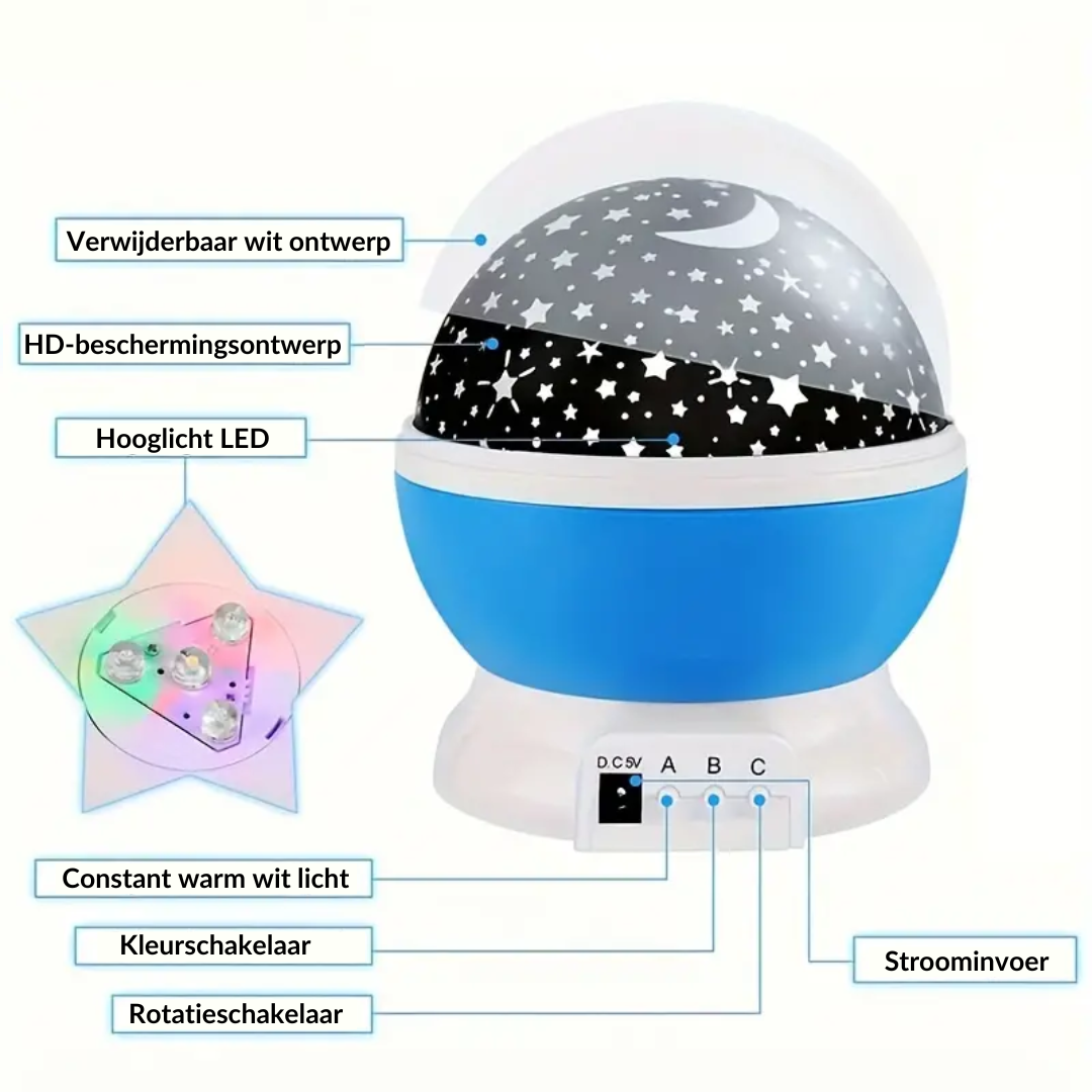 Sterrenprojectie Nachtlampje met Muziek voor Kinderkamer Sfeerverlichting Roterende Projectielamp USB | Sulvida