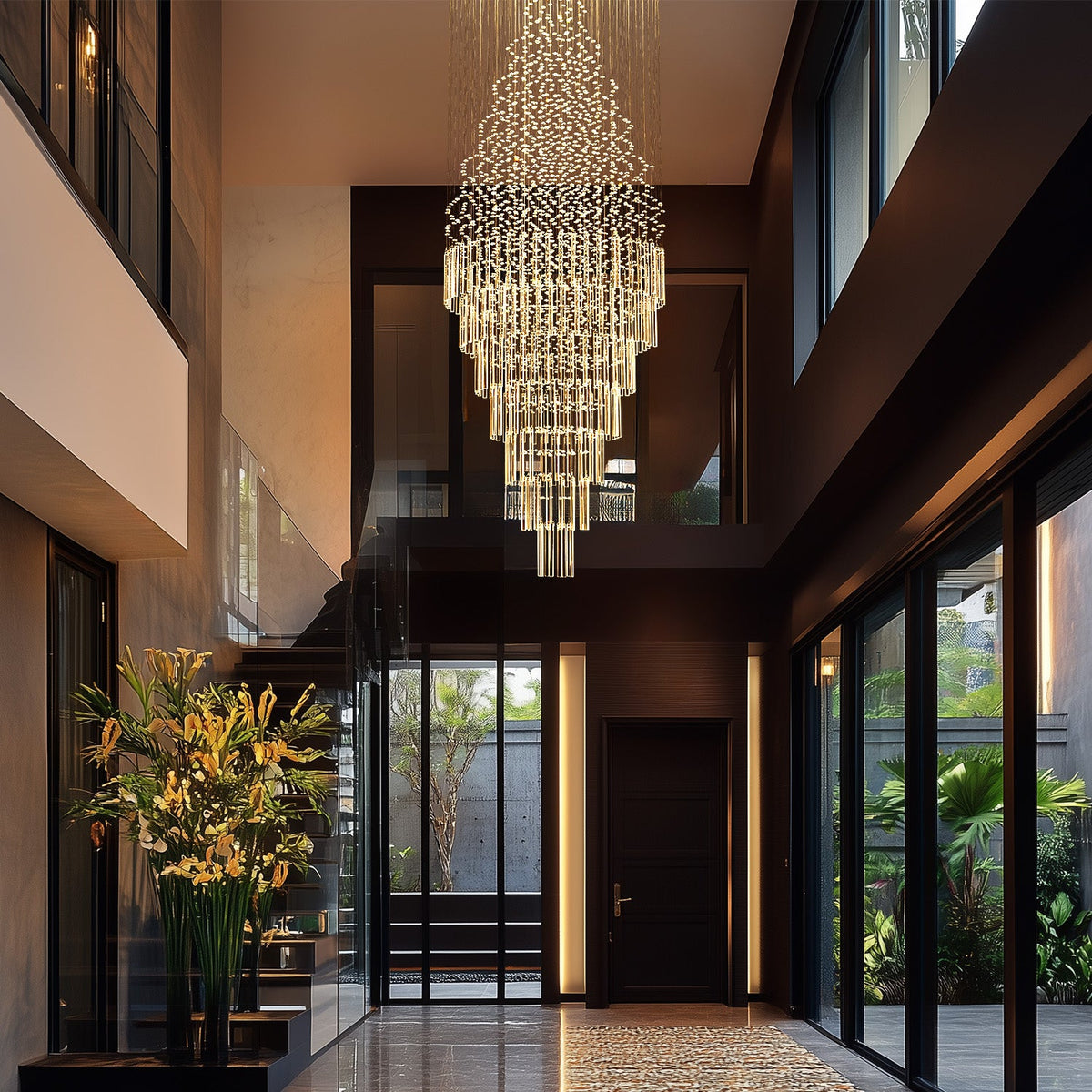 Kristallen Kroonluchter Chroom Regendrupvorm Meerlaags Trappenhuis Hal Cascade Verlichting Luxe Modern | Sulvida