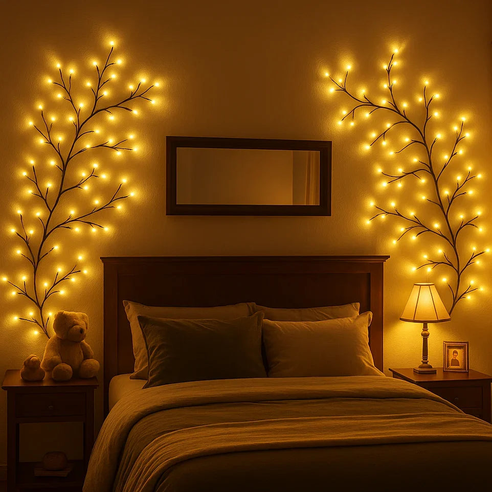 Decoratieve LED-wilgentak wandlamp met 144 warmwitte lampjes en 18 takken voor sfeerverlichting – 2,3 meter met afstandsbediening, dimbare verlichtingstak voor woonkamer, slaapkamer of terras | Sulvida