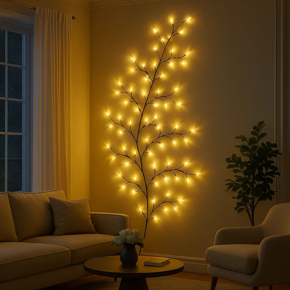 Decoratieve LED-wilgentak wandlamp met 144 warmwitte lampjes en 18 takken voor sfeerverlichting – 2,3 meter met afstandsbediening, dimbare verlichtingstak voor woonkamer, slaapkamer of terras | Sulvida