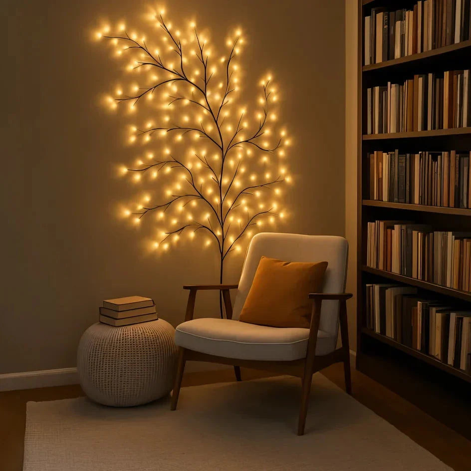 Decoratieve LED-wilgentak wandlamp met 144 warmwitte lampjes en 18 takken voor sfeerverlichting – 2,3 meter met afstandsbediening, dimbare verlichtingstak voor woonkamer, slaapkamer of terras | Sulvida