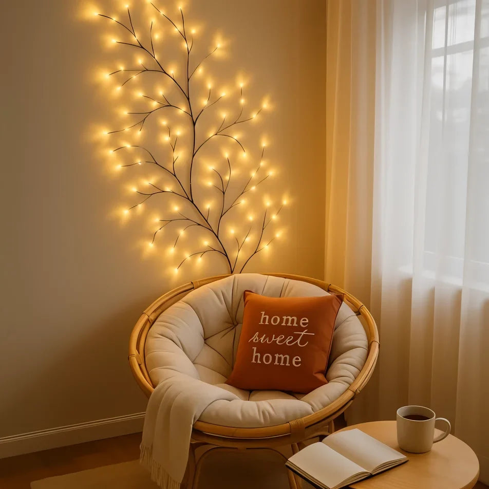 Decoratieve LED-wilgentak wandlamp met 144 warmwitte lampjes en 18 takken voor sfeerverlichting – 2,3 meter met afstandsbediening, dimbare verlichtingstak voor woonkamer, slaapkamer of terras | Sulvida