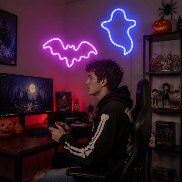 LED Neonlamp Vleermuis Spook Figuur Nachtlampje Sfeerlicht Kinderkamer Halloween Decoratie Tafel USB Lamp | Sulvida