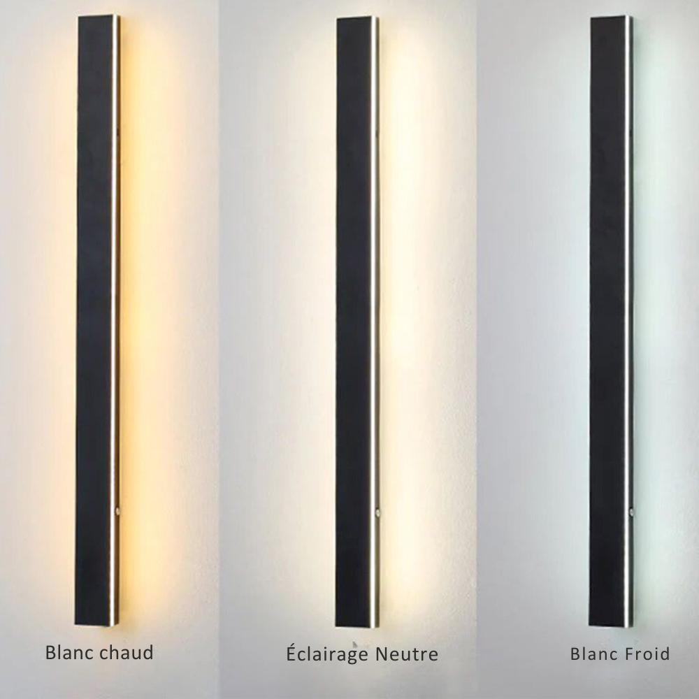 Applique murale LED d’extérieur étanche IP65 en métal noir et blanc à intensité variable, avec détecteur de mouvement, éclairage linéaire de 30-200cm | Sulvida