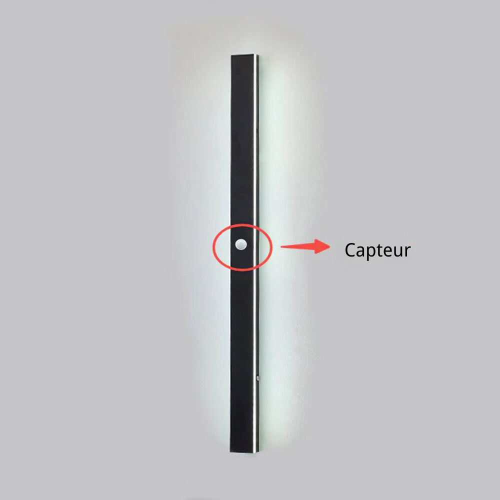 Applique murale LED d’extérieur étanche IP65 en métal noir et blanc à intensité variable, avec détecteur de mouvement, éclairage linéaire de 30-200cm | Sulvida