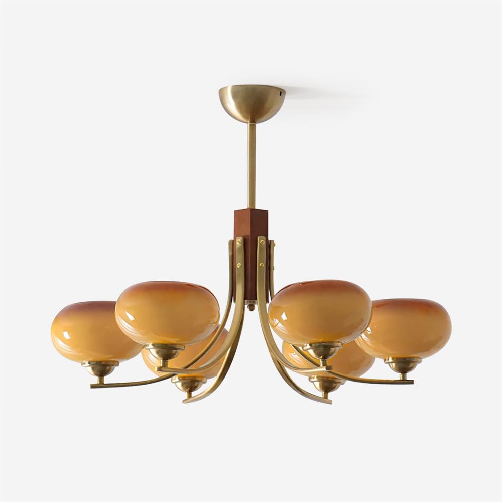 Glazen Bolkroonluchter met 6 Lichtpunten Ambertint Hanglamp Woonkamer Eetkamer Modern Koperen Armatuur | Sulvida