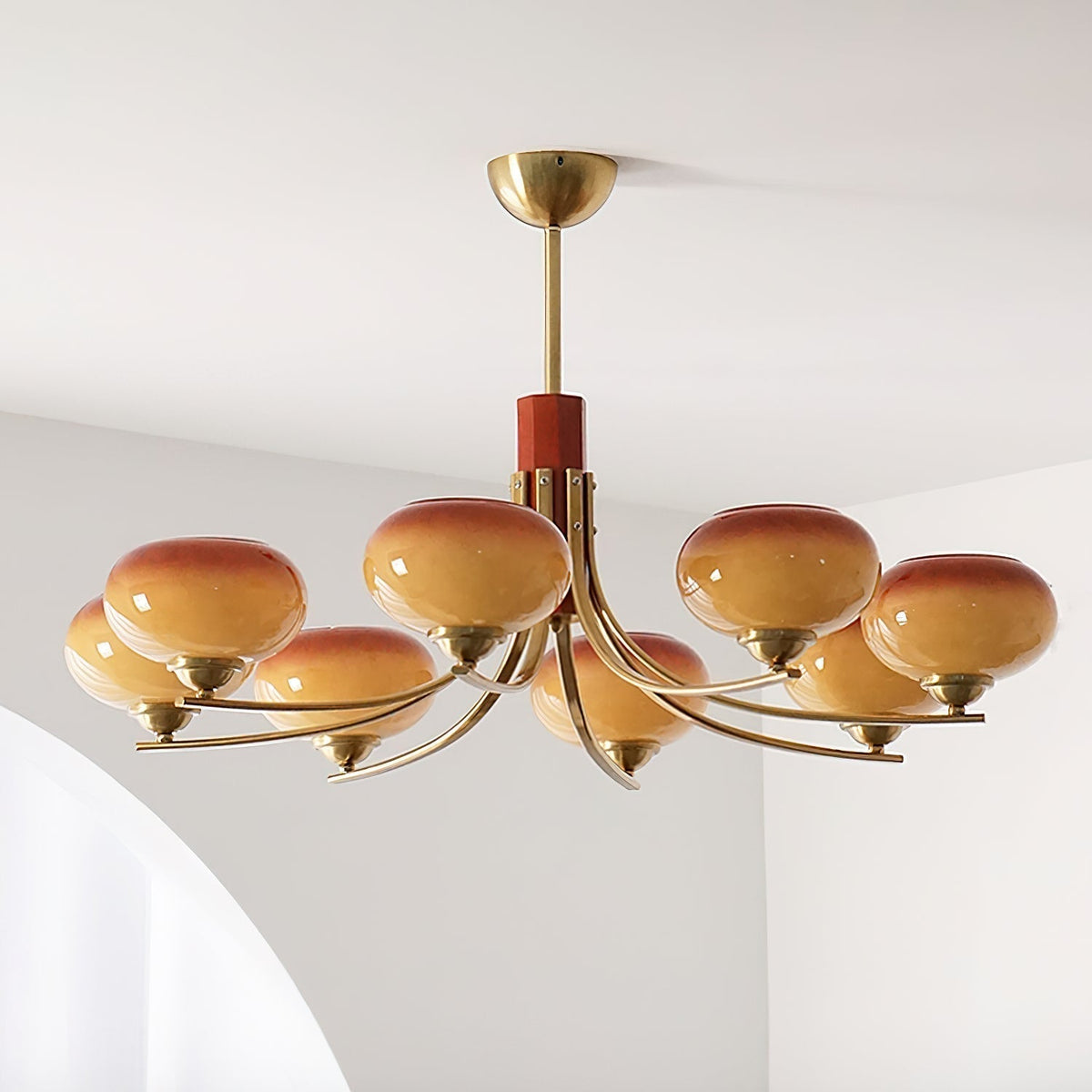 Glazen Bolkroonluchter met 6 Lichtpunten Ambertint Hanglamp Woonkamer Eetkamer Modern Koperen Armatuur | Sulvida