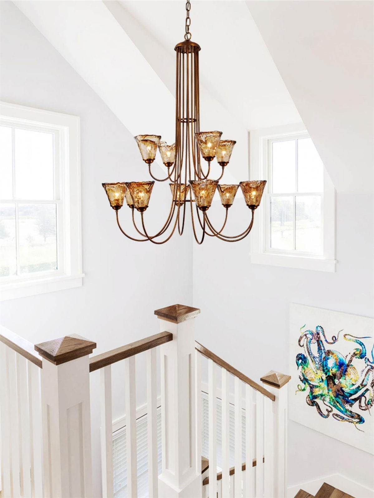 Kroonluchter Amber Glas met Messing Armatuur Eetkamer Woonkamer Hanglamp Verstelbaar E14 Fitting Sfeerlicht | Sulvida