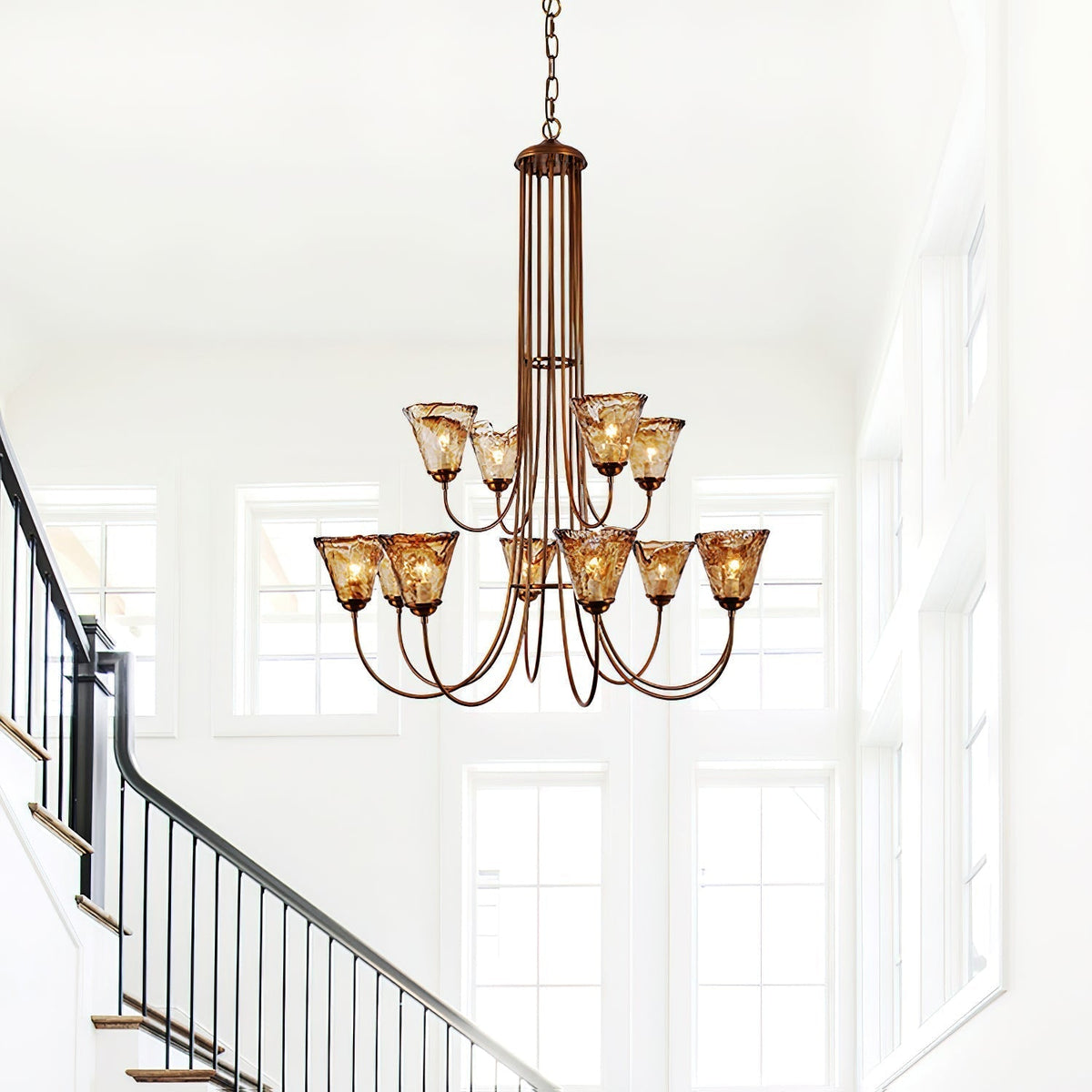 Kroonluchter Amber Glas met Messing Armatuur Eetkamer Woonkamer Hanglamp Verstelbaar E14 Fitting Sfeerlicht | Sulvida