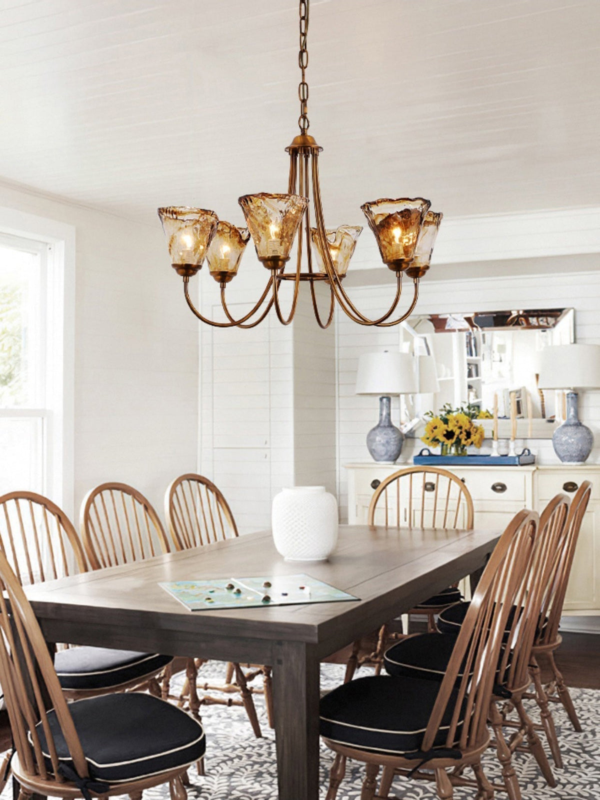 Kroonluchter Amber Glas met Messing Armatuur Eetkamer Woonkamer Hanglamp Verstelbaar E14 Fitting Sfeerlicht | Sulvida
