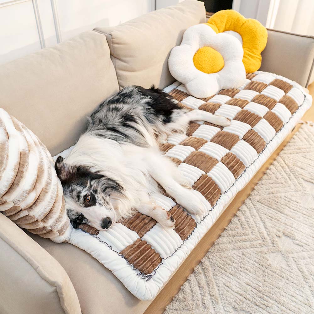 Chenille Huisdierenmat Vierkant Geruit Crème 50x50 cm Anti-slip Wasbaar Hondendeken Kattenmat Beschermer | Sulvida