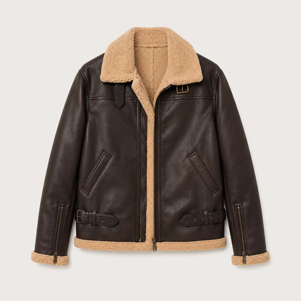 Gevoerde Herenwinterjas met Bontvoering Windbestendig Warm Leren Aviator Jas Heren Winter Pilotenjack | Sulvida