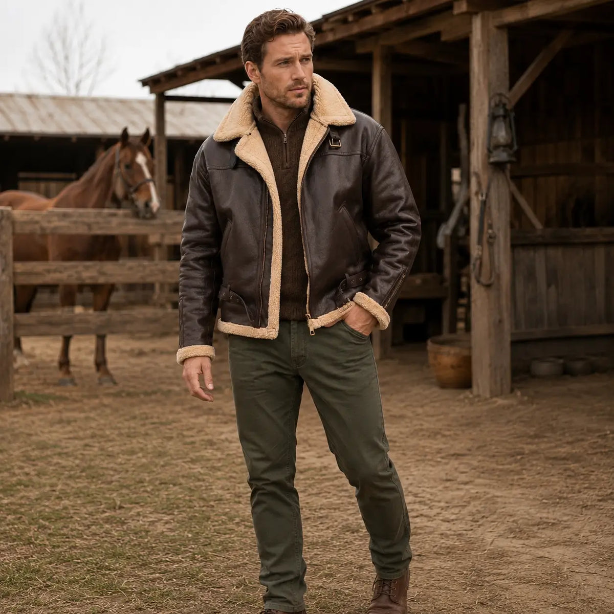 Gevoerde Herenwinterjas met Bontvoering Windbestendig Warm Leren Aviator Jas Heren Winter Pilotenjack | Sulvida