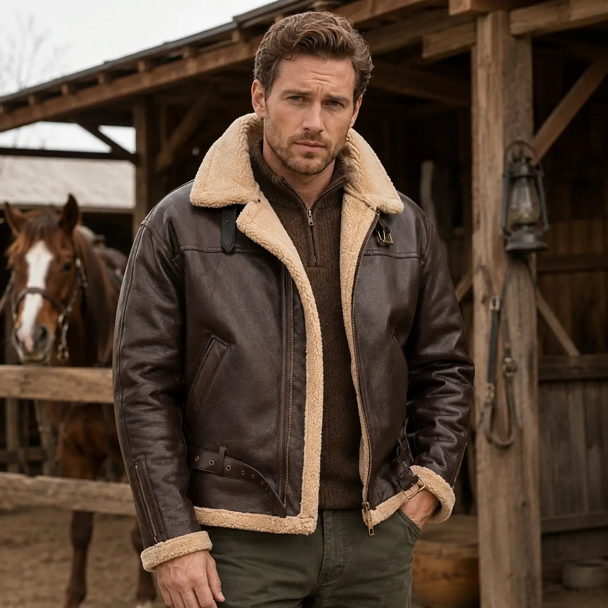 Gevoerde Herenwinterjas met Bontvoering Windbestendig Warm Leren Aviator Jas Heren Winter Pilotenjack | Sulvida