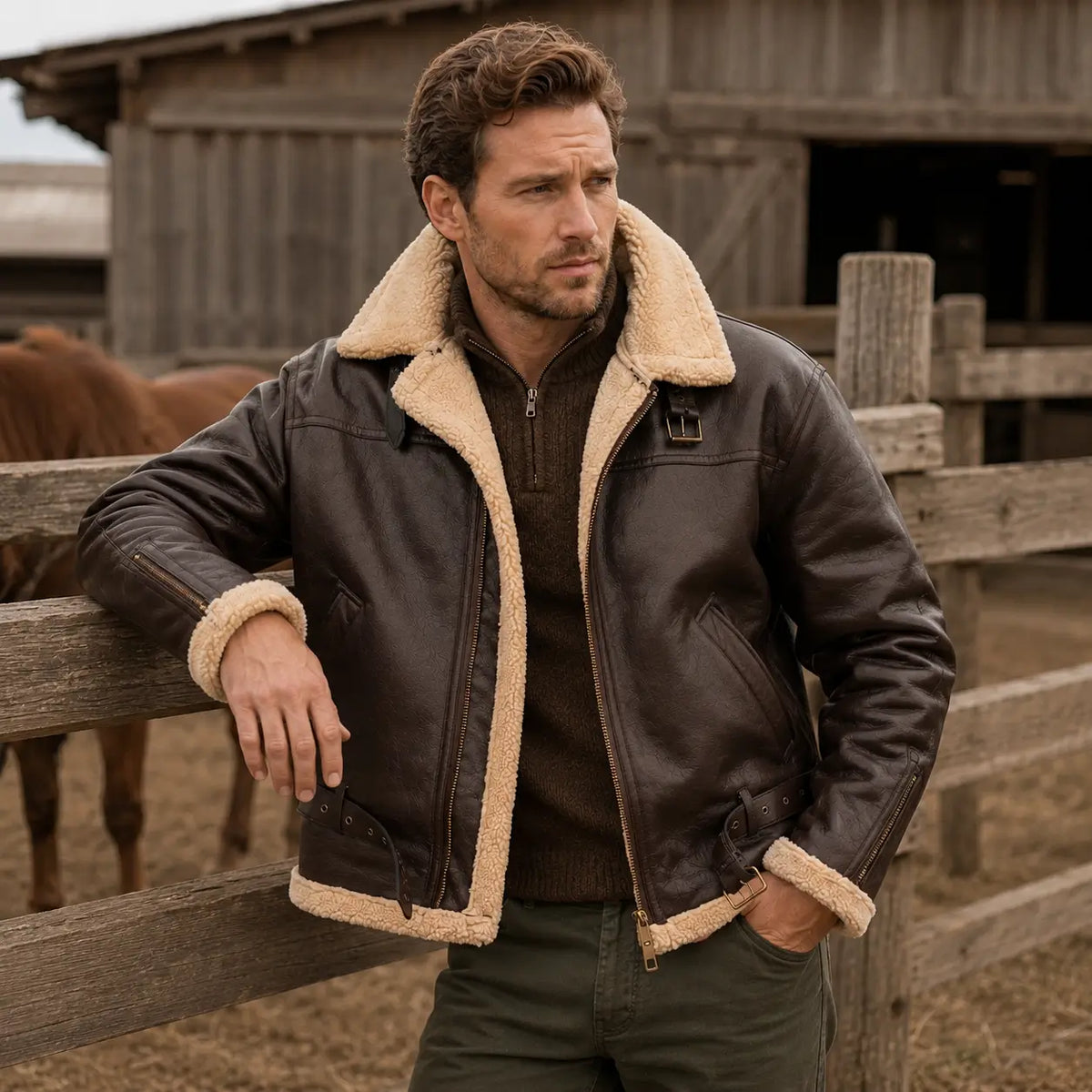 Gevoerde Herenwinterjas met Bontvoering Windbestendig Warm Leren Aviator Jas Heren Winter Pilotenjack | Sulvida