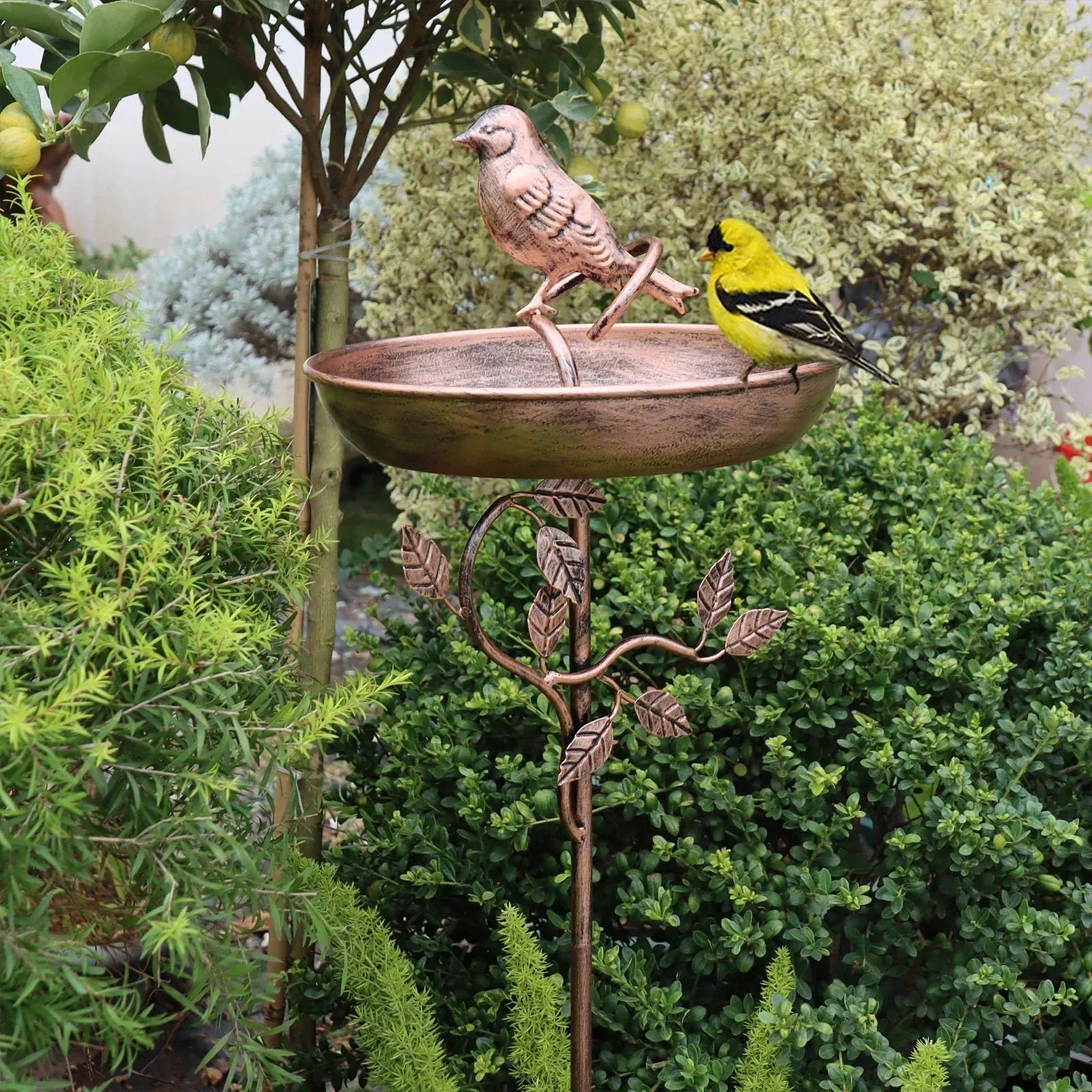 Decoratieve Vogelbadschaal met Stevige Grondstang voor Tuin | Metalen Tuinornament met Waterschaal | Sulvida