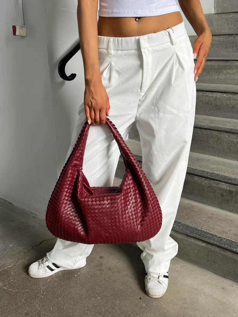 Geweven Leren Schoudertas Hobo Beige Zwart Wijnrood Ruimtevol met Rits Dames Alledaags Stijlvol Design | Sulvida