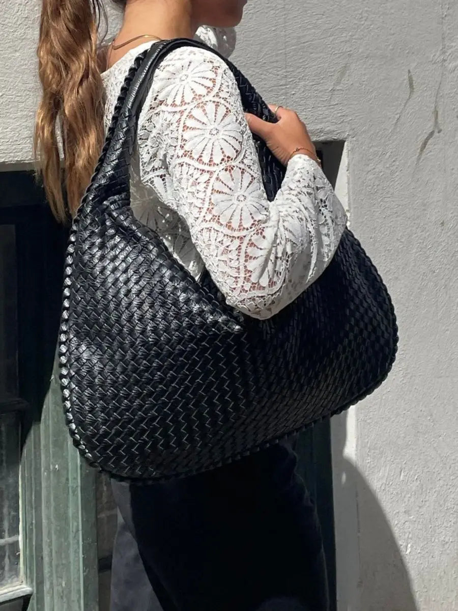 Geweven Leren Schoudertas Hobo Beige Zwart Wijnrood Ruimtevol met Rits Dames Alledaags Stijlvol Design | Sulvida