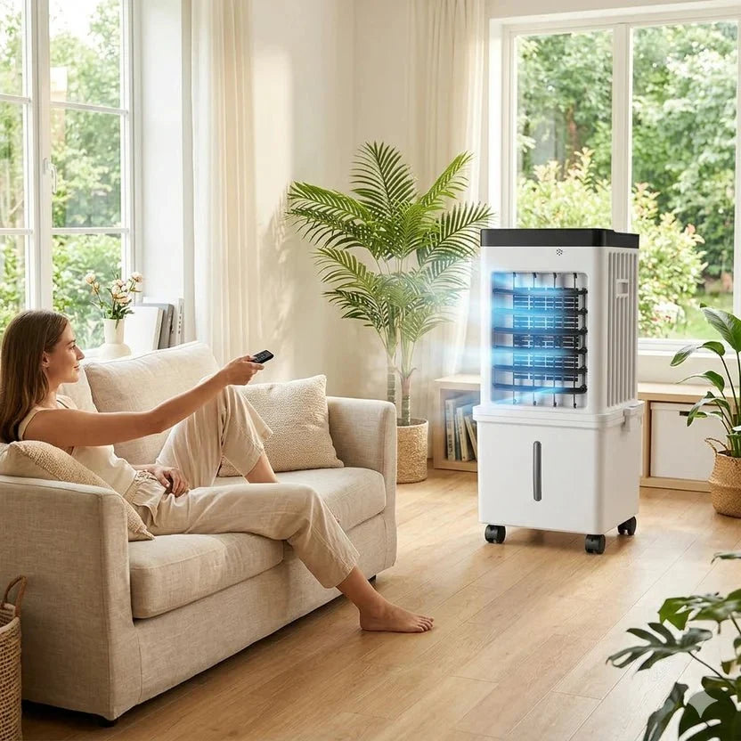 Mobiele Luchtkoeler 3-in-1 Ventilator met Bevochtiging Verrijdbaar Watertank IJshouder IJsvriendelijk | Sulvida