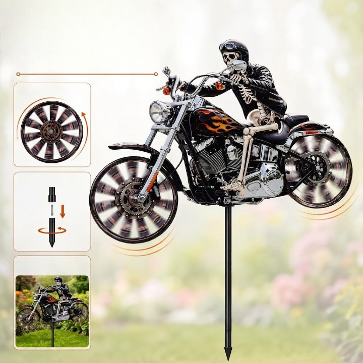 Decoratief tuinwindrad met motorrijder voor buitengebruik bewegend acryl tuin- en terrasornament decoratie | Sulvida