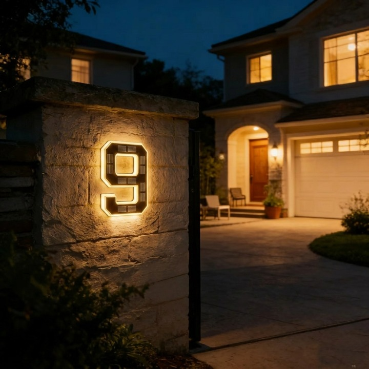 Zonne-energie huisnummerbord met automatische LED-verlichting bij schemering weerbestendig 23 × 16 cm IP44 | Sulvida