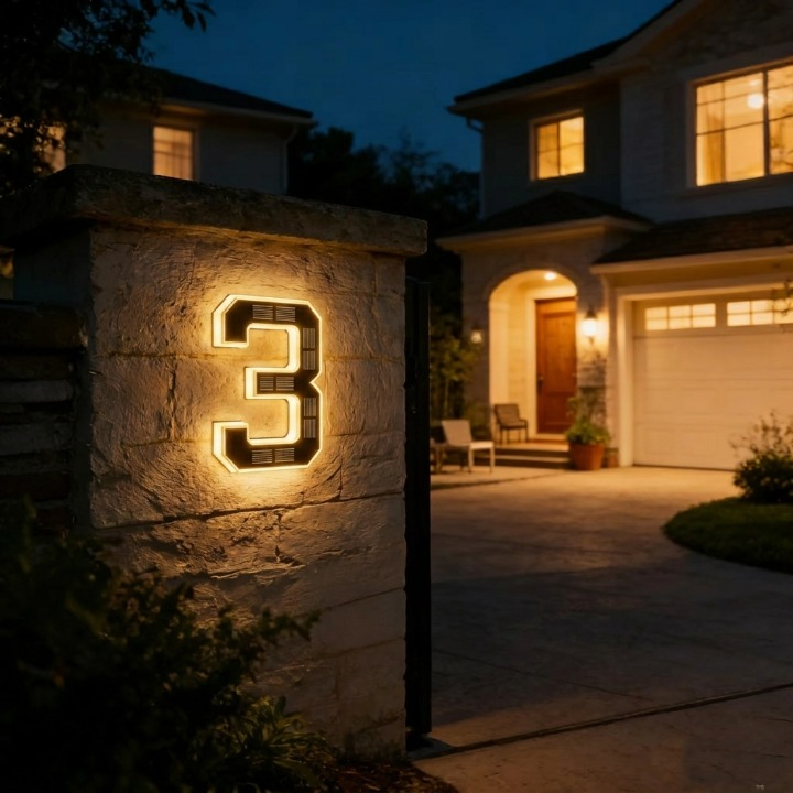 Zonne-energie huisnummerbord met automatische LED-verlichting bij schemering weerbestendig 23 × 16 cm IP44 | Sulvida